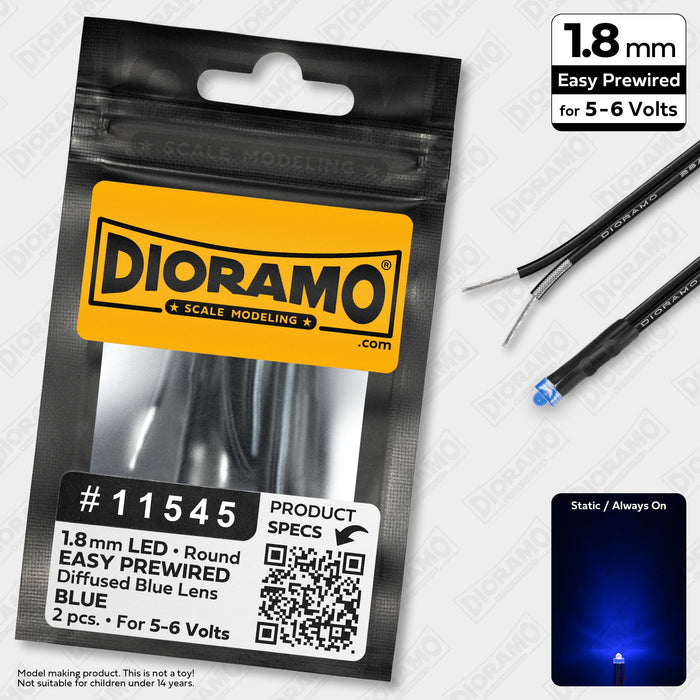1.8mm Blue LED. Diffused Blue Lens. 5-6V Prewired 1ft. 2 pcs.