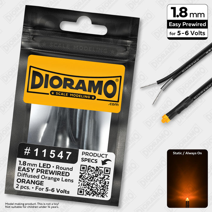 1.8mm Orange LED. Diffused Orange Lens. 5-6V Prewired 1ft. 2 pcs.