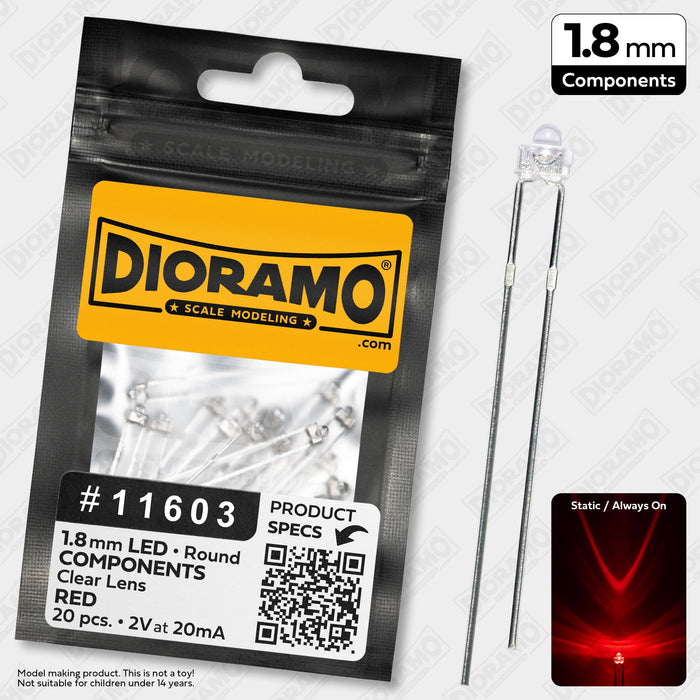 1.8mm Red LED Components. Clear Lens. Round. 20 pcs.