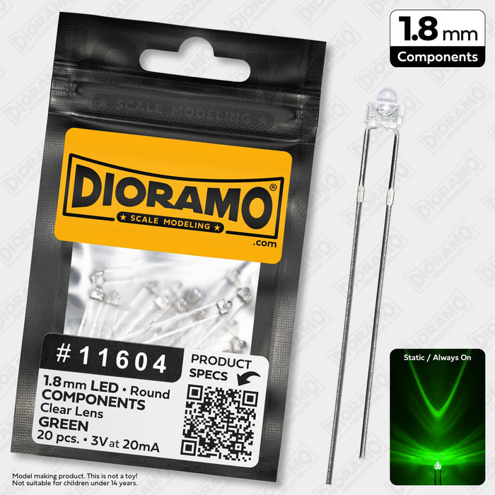 1.8mm Green LED Components. Clear Lens. Round. 20 pcs.