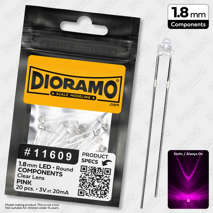 1.8mm Pink LED Components. Clear Lens. Round. 20 pcs.