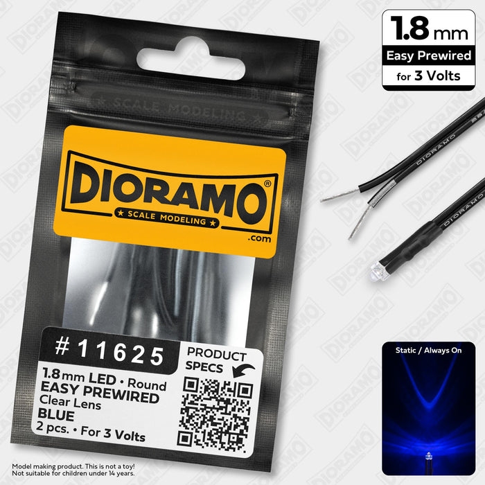 1.8mm Blue LED. Clear Lens. 3V Prewired 1ft. 2 pcs.