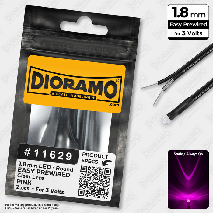 1.8mm Pink LED. Clear Lens. 3V Prewired 1ft. 2 pcs.
