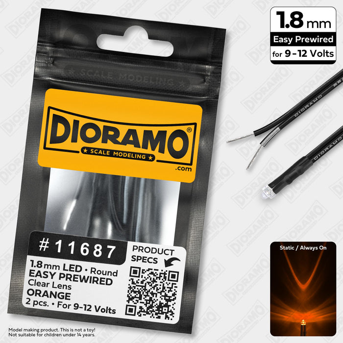 1.8mm Orange LED. Clear Lens. 9-12V Prewired 1ft. 2 pcs.