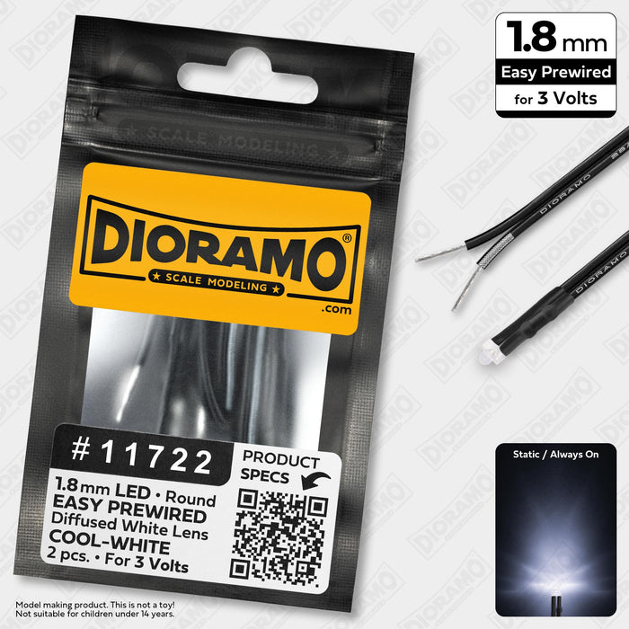 1.8mm Cool-White LED. Diffused White Lens. 3V Prewired 1ft. 2 pcs.