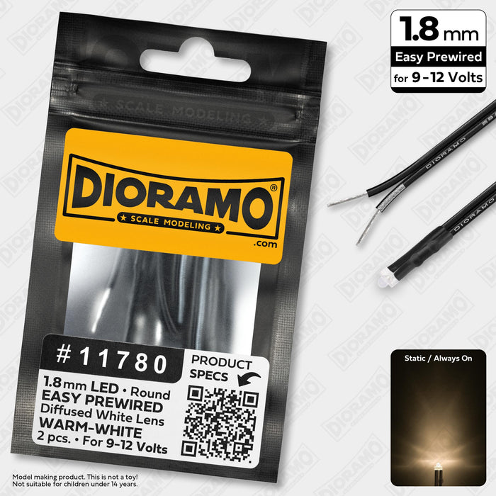 1.8mm Warm-White LED. Clear Lens. 9-12V Prewired 1ft. 2 pcs.