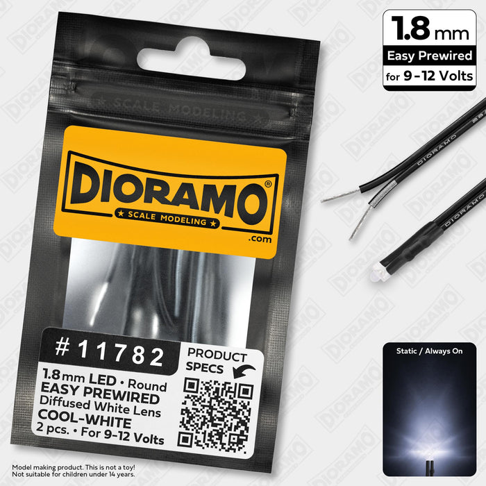 1.8mm Cool-White LED. Clear Lens. 9-12V Prewired 1ft. 2 pcs.