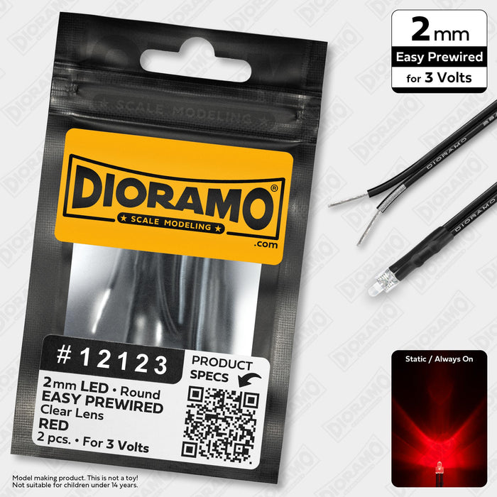 2mm Red LED. Clear Lens. 3V Prewired 1ft. 2 pcs.