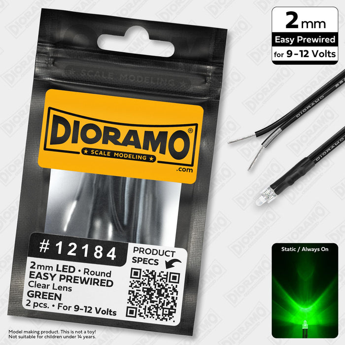 2mm Green LED. Clear Lens. 9-12V Prewired 1ft. 2 pcs.
