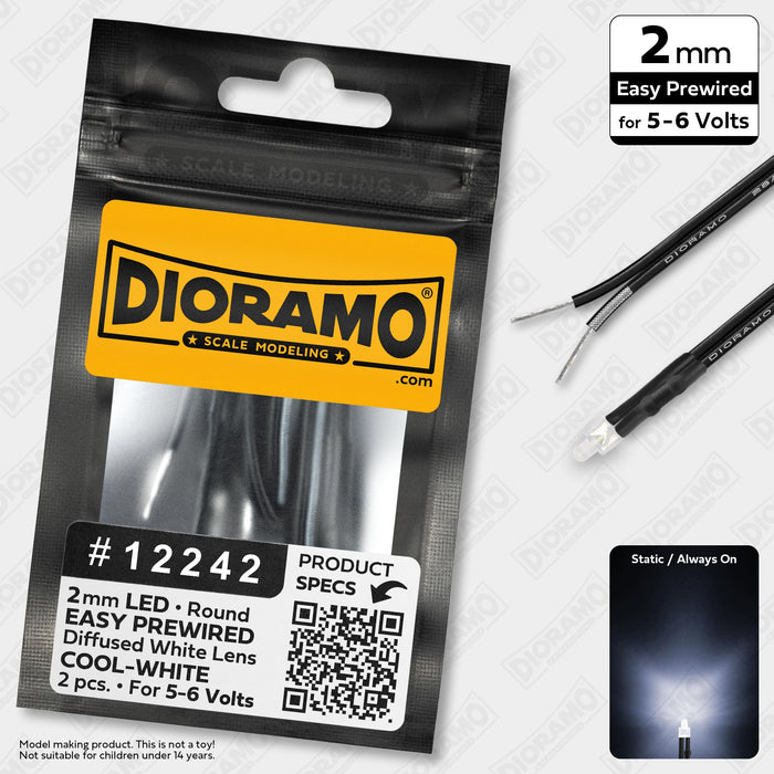 2mm Cool-White LED. Diffused White Lens. 5-6V Prewired 1ft. 2 pcs.