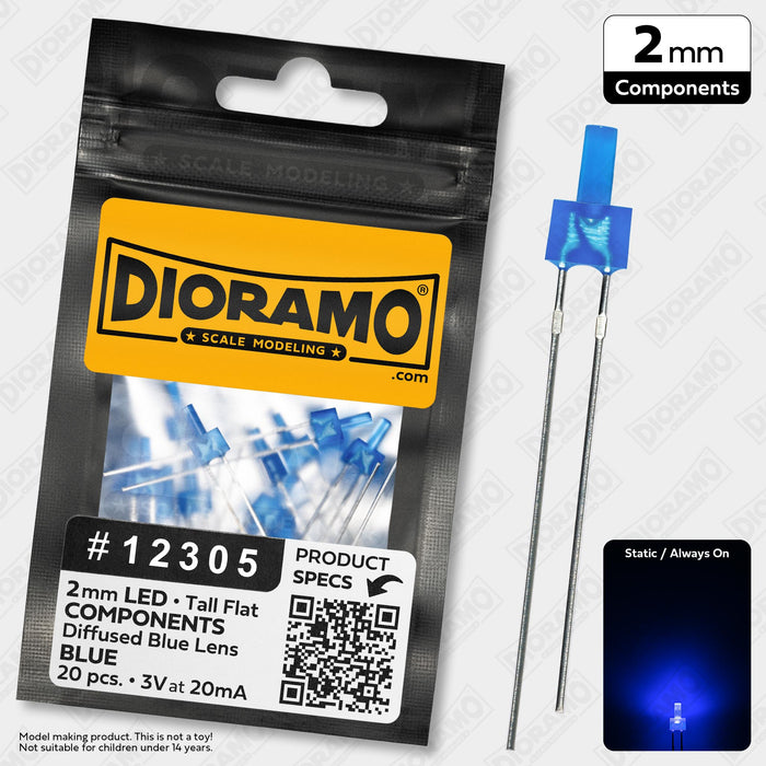 2mm Blue LED Components. Tall Flat Blue Lens. 20 pcs.