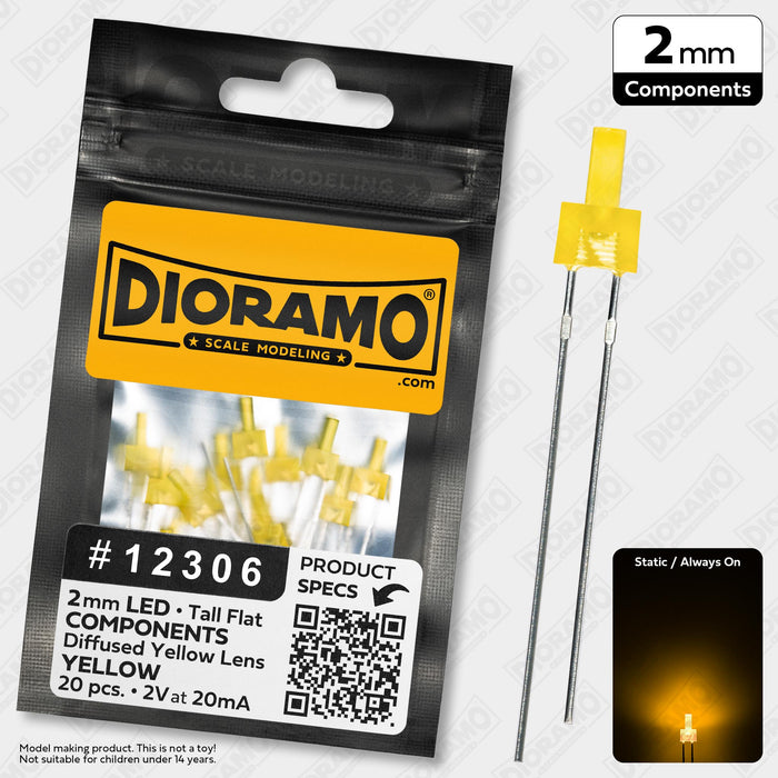 2mm Yellow LED Components. Tall Flat Yellow Lens. 20 pcs.