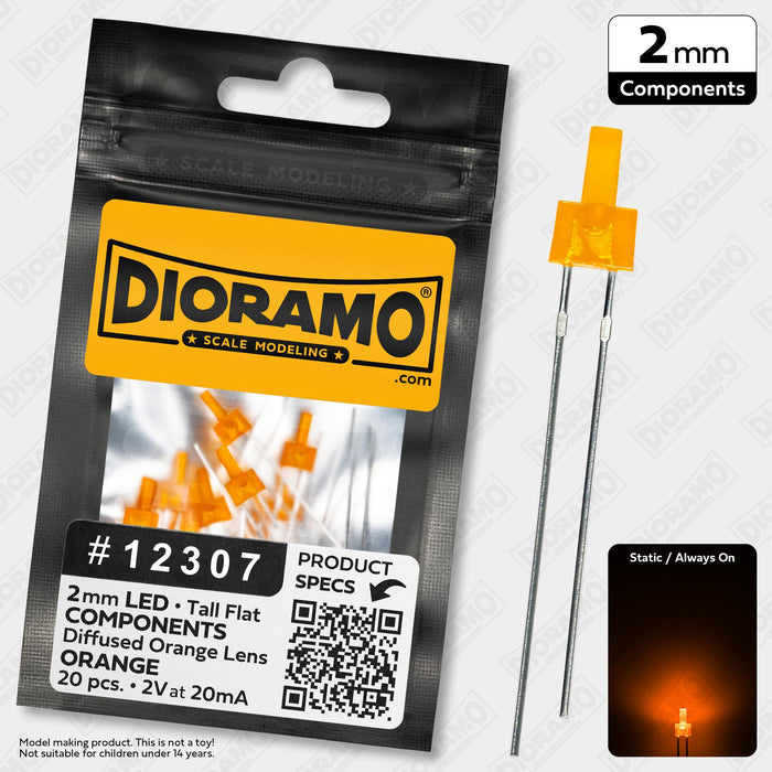 2mm Orange LED Components. Tall Flat Orange Lens. 20 pcs.