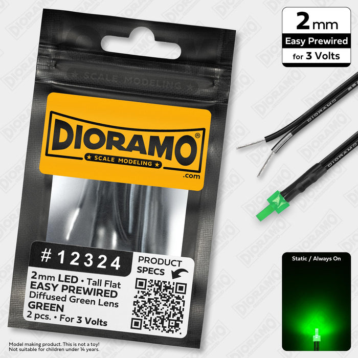 2mm Green LED. Tall Flat Green Lens. 3V Prewired 1ft. 2 pcs.