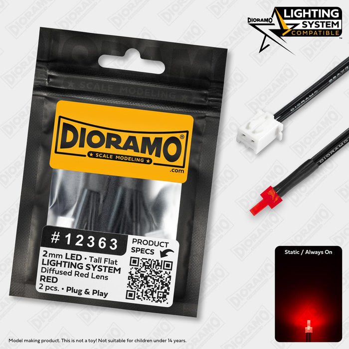2mm Red LED. Tall Flat Red Lens. Lighting System Prewired. 2 pcs.