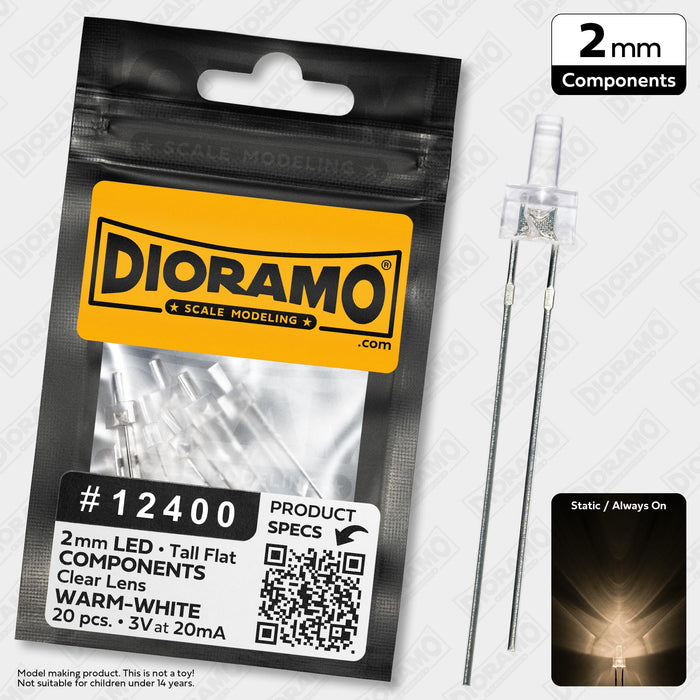 2mm Warm-White LED Components. Tall Flat Clear Lens. 20 pcs.