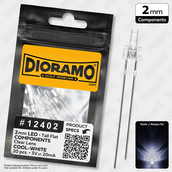2mm Cool-White LED Components. Tall Flat Clear Lens. 20 pcs.