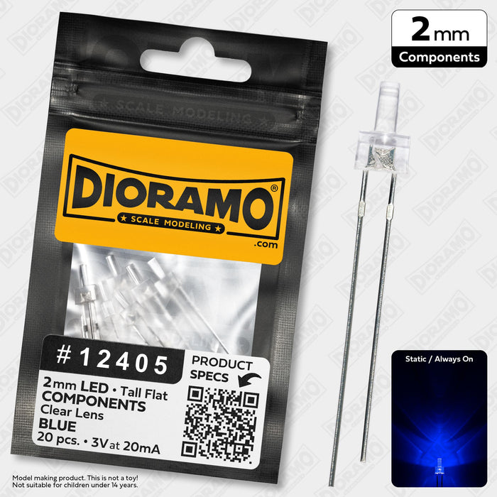 2mm Blue LED Components. Tall Flat Clear Lens. 20 pcs.
