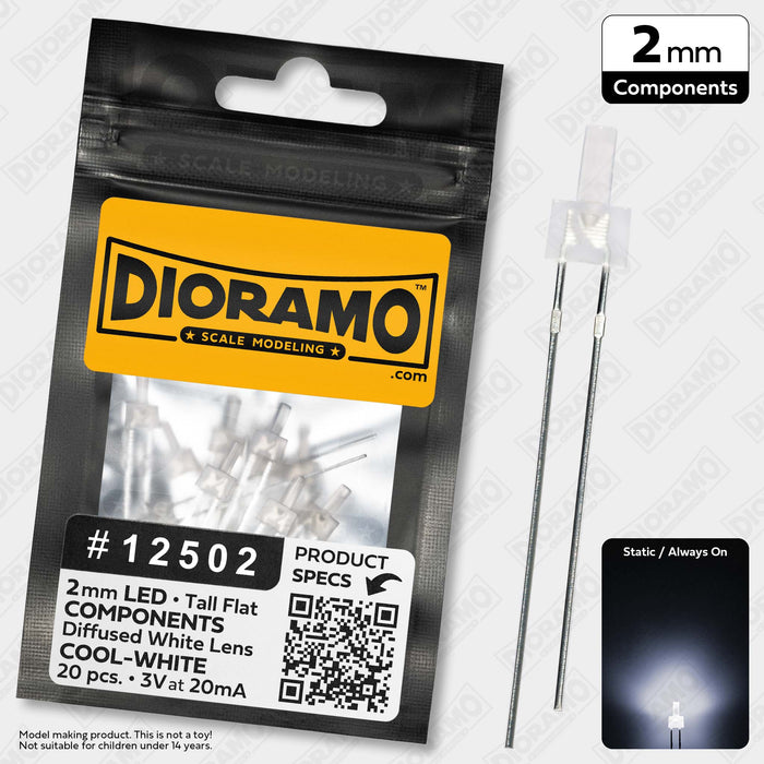 2mm Cool-White LED Components. Tall Flat White Lens. 20 pcs.