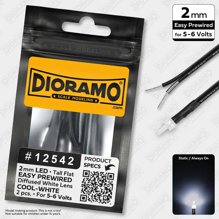 2mm Cool-White LED. Tall White Lens. 5-6V Prewired 1ft. 2 pcs.