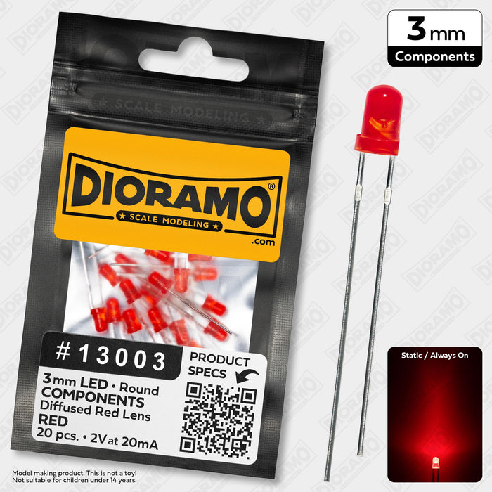 3mm Red LED Components. Diffused Red Lens. Round. 20 pcs.