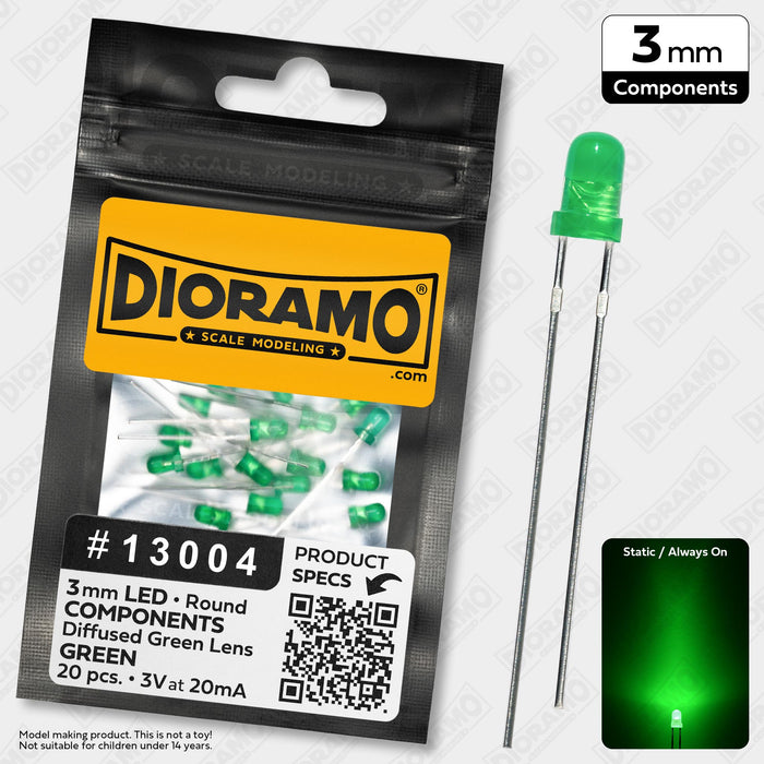 3mm Green LED Components. Diffused Green Lens. Round. 20 pcs.
