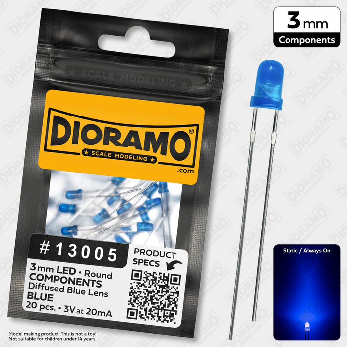 3mm Blue LED Components. Diffused Blue Lens. Round. 20 pcs.