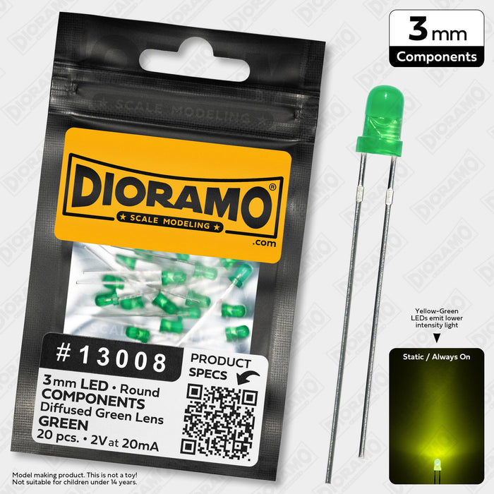 3mm Yellow-Green LED Components. Diffused Green Lens. Round. 20 pcs.