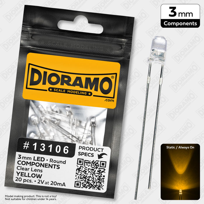3mm Yellow LED Components. Clear Lens. Round. 20 pcs.