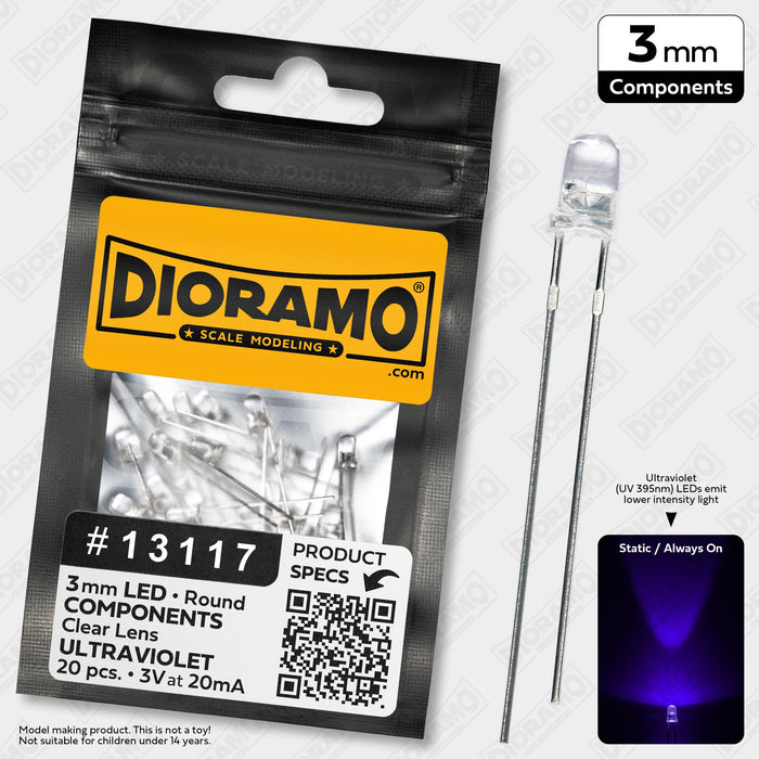 3mm Ultraviolet LED Components. Clear Lens. Round. 20 pcs.