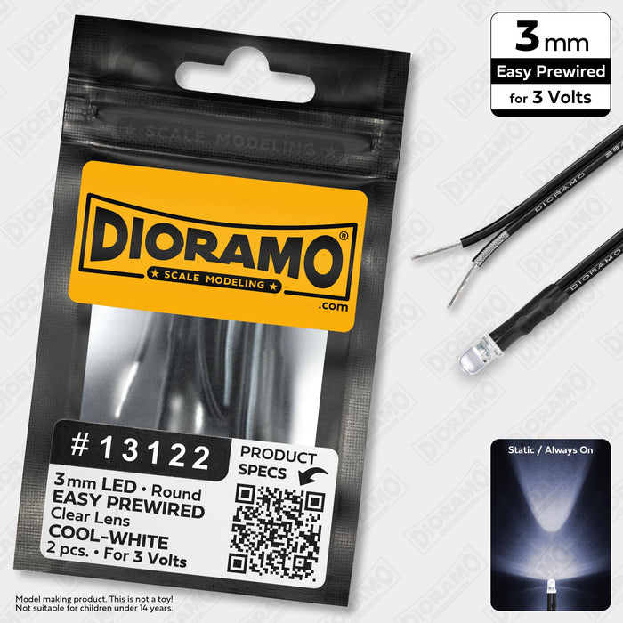 3mm Cool-White LED. Clear Lens. 3V Prewired 1ft. 2 pcs.