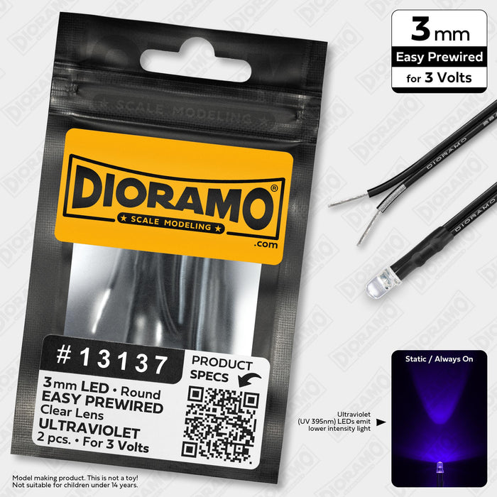 3mm Ultraviolet LED. Clear Lens. 3V Prewired 1ft. 2 pcs.