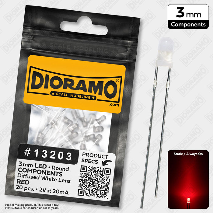 3mm Red LED Components. Diffused White Lens. Round. 20 pcs.