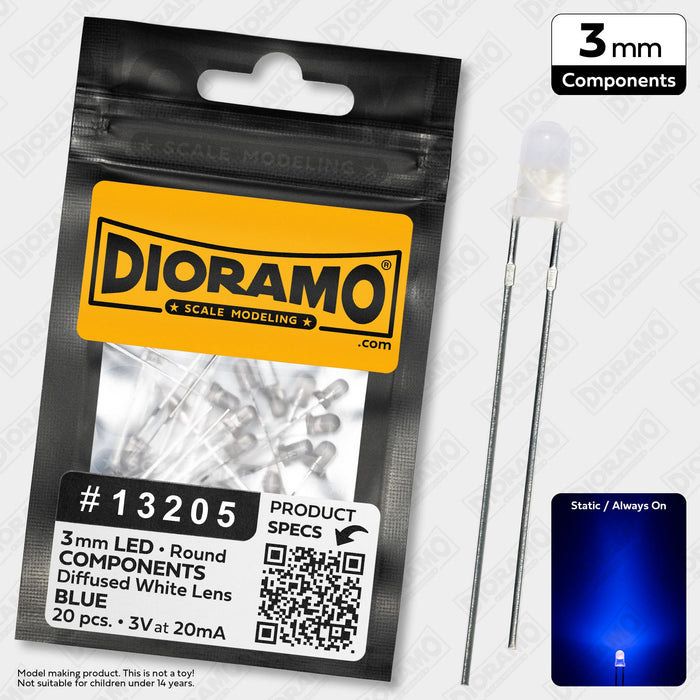 3mm Blue LED Components. Diffused White Lens. Round. 20 pcs.