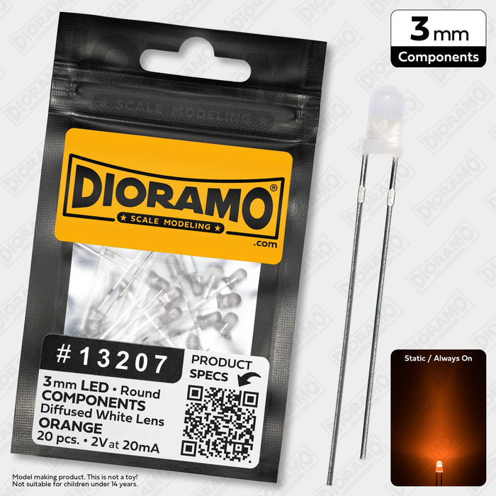 3mm Orange LED Components. Diffused White Lens. Round. 20 pcs.