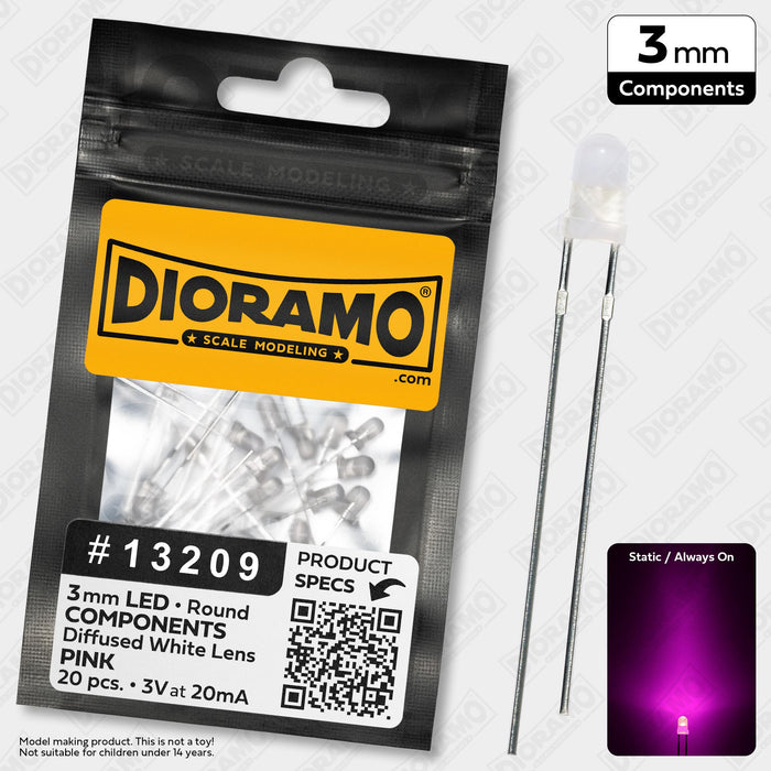 3mm Pink LED Components. Diffused White Lens. Round. 20 pcs.