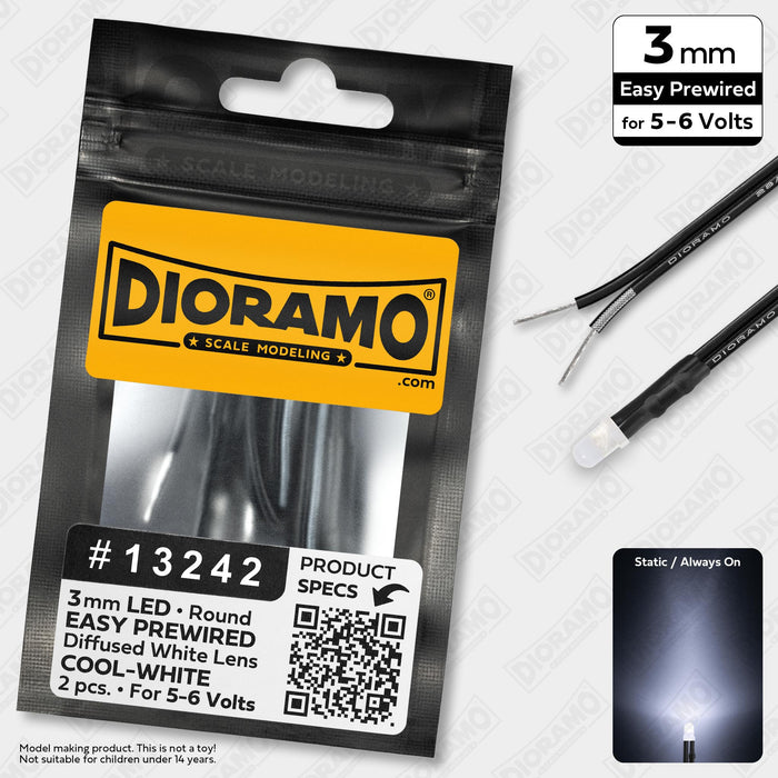 3mm Cool-White LED. Diffused White Lens. 5-6V Prewired 1ft. 2 pcs.