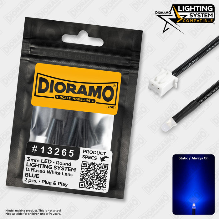 3mm Blue LED. Diffused White Lens. Lighting System Prewired. 2 pcs.