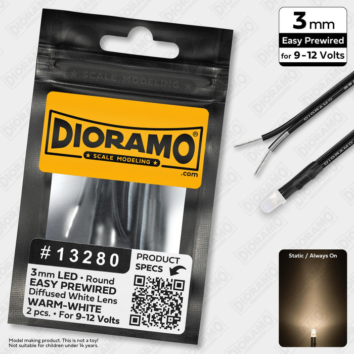3mm Warm-White LED. Diffused White Lens. 9-12V Prewired 1ft. 2 pcs.