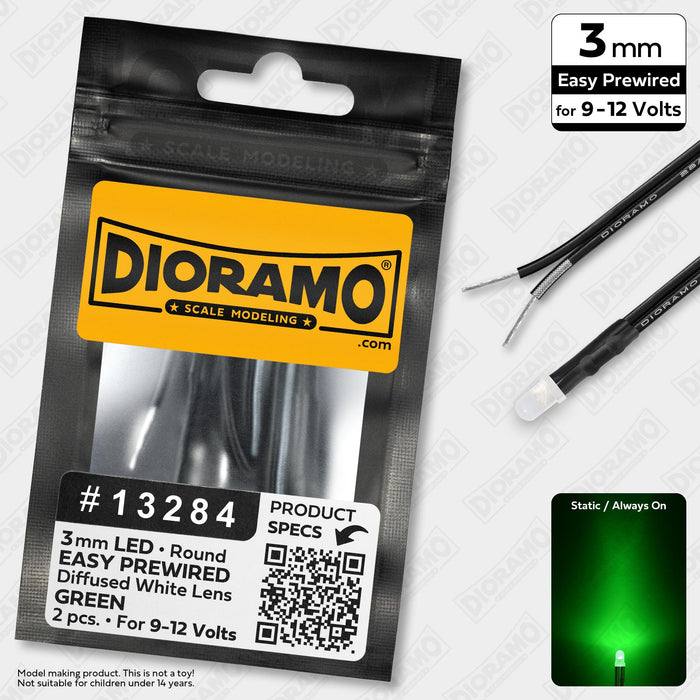 3mm Green LED. Diffused White Lens. 9-12V Prewired 1ft. 2 pcs.