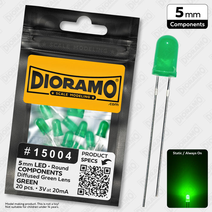 5mm Green LED Components. Diffused Green Lens. Round. 20 pcs.