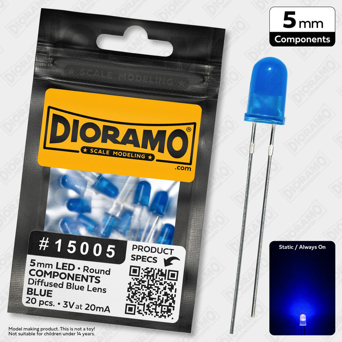 5mm Blue LED Components. Diffused Blue Lens. Round. 20 pcs.