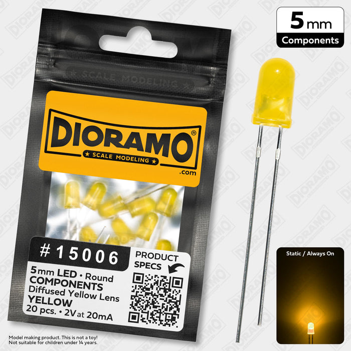 5mm Yellow LED Components. Diffused Yellow Lens. Round. 20 pcs.