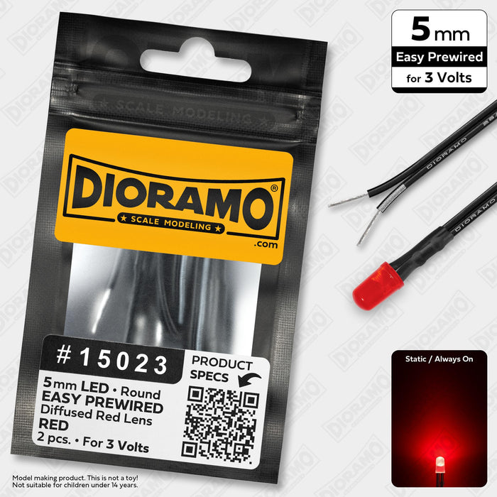 5mm Red LED. Diffused Red Lens. 3V Prewired 1ft. 2 pcs.