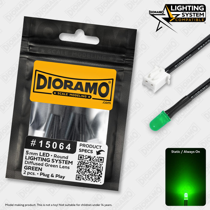 5mm Green LED. Diffused Green Lens. Lighting System Prewired. 2 pcs.