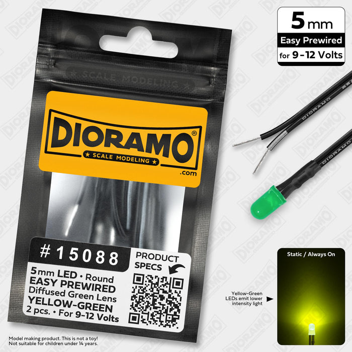 5mm Yellow-Green LED. Diffused Green Lens. 9-12V Prewired 1ft. 2 pcs.