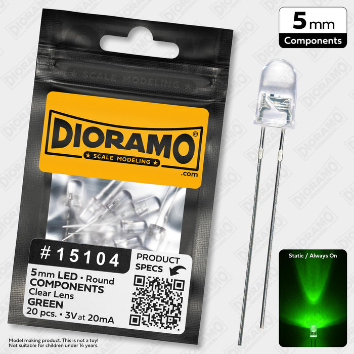 5mm Green LED Components. Clear Lens. Round. 20 pcs.
