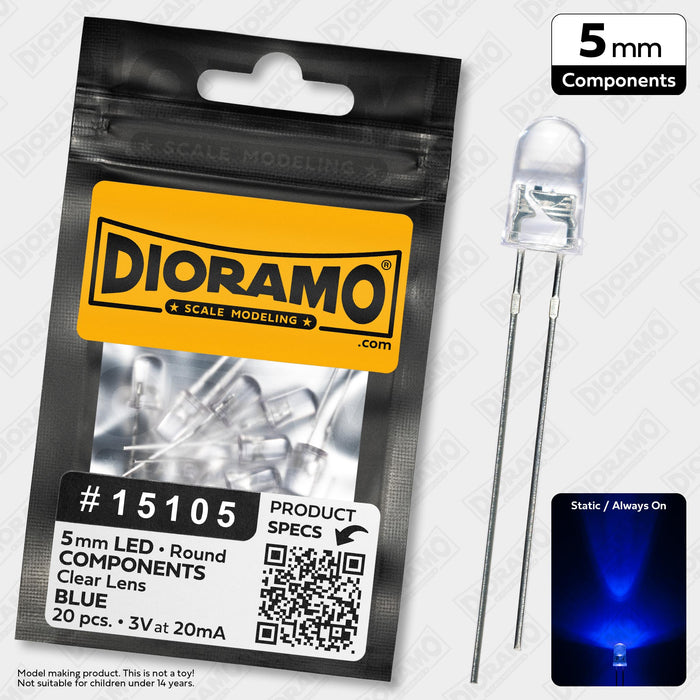 5mm Blue LED Components. Clear Lens. Round. 20 pcs.