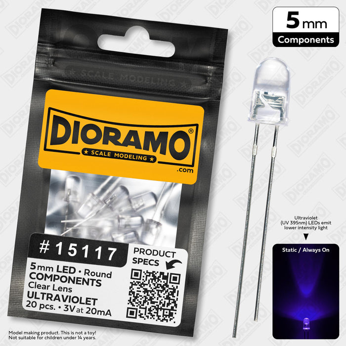 5mm Ultraviolet LED Components. Clear Lens. Round. 20 pcs.