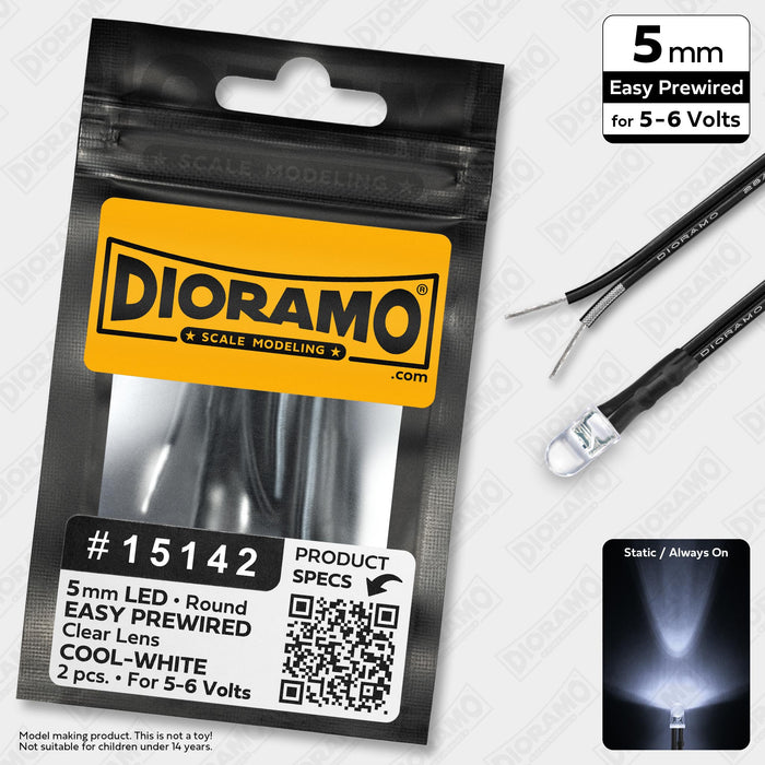 5mm Cool-White LED. Clear Lens. 5-6V Prewired 1ft. 2 pcs.